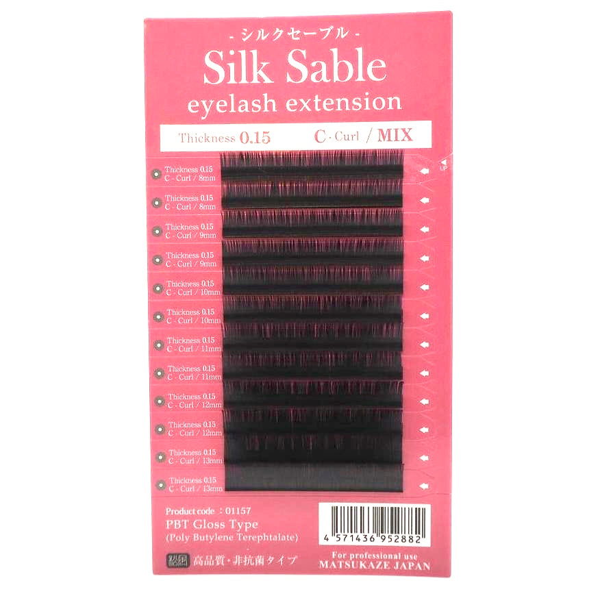 商品名:シルクセーブル【シートタイプ】 規格:カール/Jカール/Cカール　太さ/0.15mm　長さ/8mm〜13mm MIX 　　各長さ2列ずつ トレータイプ 非抗菌タイプまつげエクステ 内容量:約3,040本入り JANコード:4571436952875 製造国:海外 製品備考:損害賠償保険(PL保険)加入済み テープのベースとなるフィルム部分は、高い熱に対する安全性と磨耗性能を持ちあわせる「宇宙航空開発分野でも採用される」といわれる先端技術素材です。